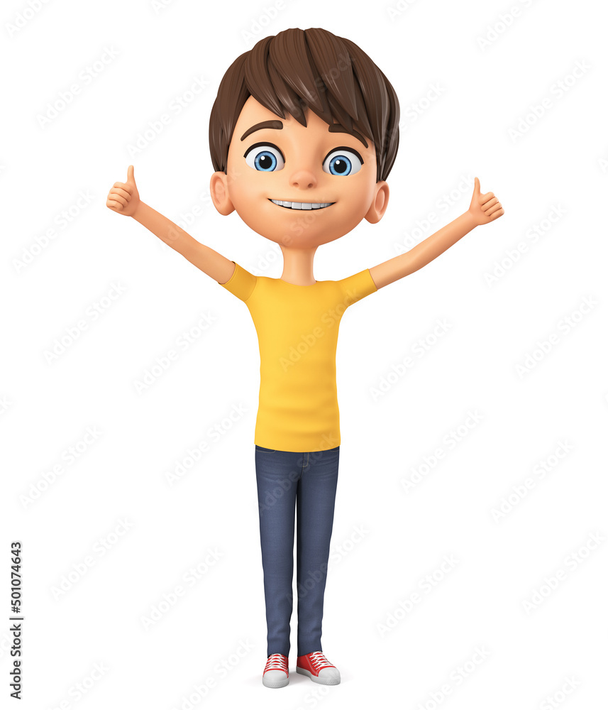 Cheerful boy character in yellow t-shirt shows two thumbs up on white background. 3d render illustration. Cheerful boy character in yellow t-shirt shows two thumbs up on white background. 3d render illustration.
