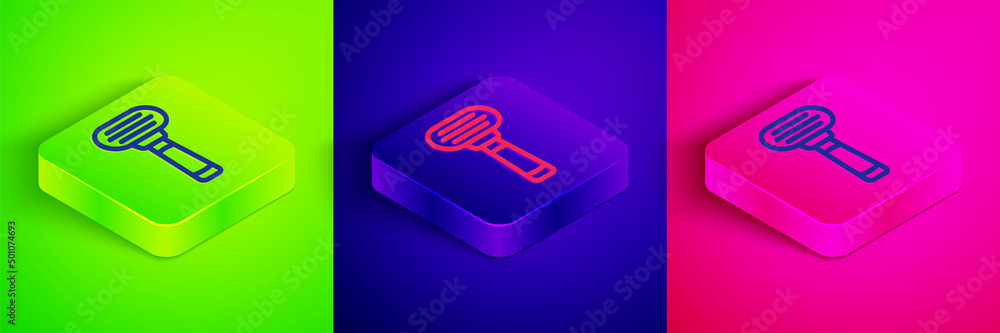 Isometric line Shaving razor icon isolated on green, blue and pink background. Square button. Vector Isometric line Shaving razor icon isolated on green, blue and pink background. Square button. Vector