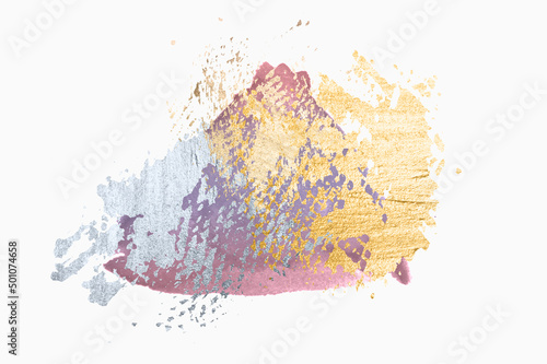 Abstract hand painted gold, blue and pink stains on light gray background for your design