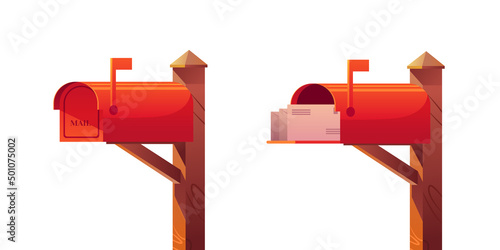 Set of mailboxes with raised flag,  closed door, with an open door and letters inside. Vector cute Illustration in cartoon style.
