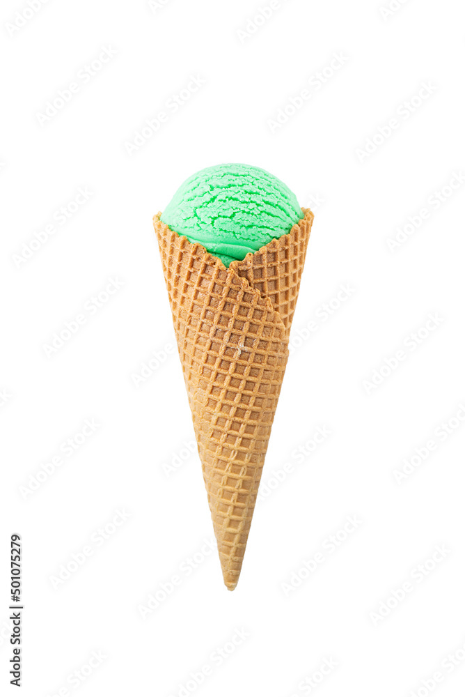 Green matcha ice cream in waffle cone isolated on white. Green matcha ice cream in waffle cone isolated on white.