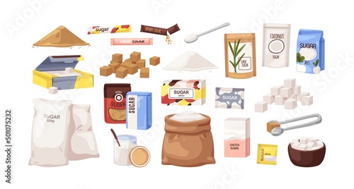 Sugar packs set. Granulated, powder, cubes, sanding sweet sucrose in different packages, bag, stick, spoon, sack, box, bowl and sachet. Flat cartoon vector illustrations isolated on white background photo