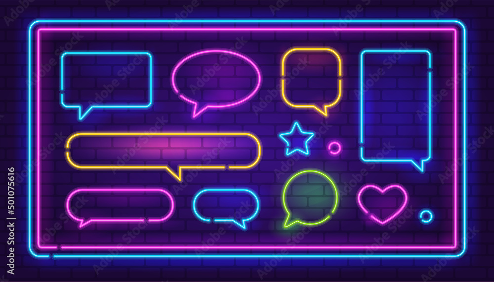 Vector Retrowave Neon Pink and Blue Glowing Speech Bubble and Frames set on wall background. Retro Neon Text Bunnle Sign in 80s - 90s style