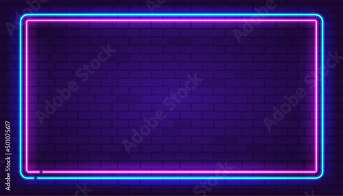 Rectangle neon frame Pink and Blue colors at purple brick wall background. Glowing neon frame in retro 80s - 90s style. Colored neon sign with empty space. Editable Vector