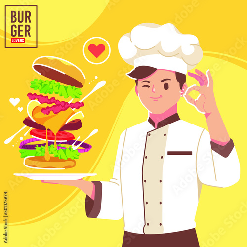 A handsome chef is cooking burgers