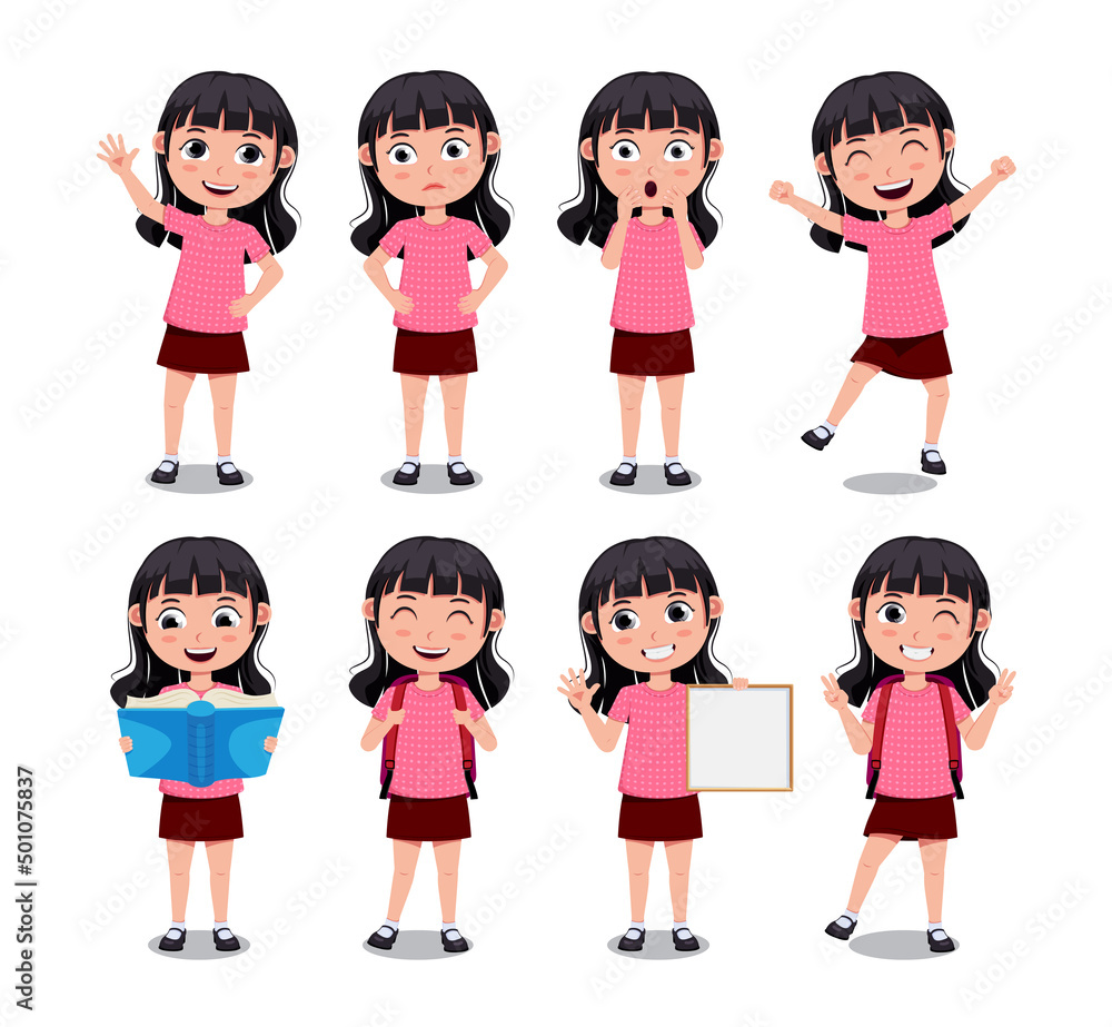 School girl vector character set. Student 3d female in standing pose with happy, jolly and cheerful facial expression for back to school friendly characters design. Vector illustration.
School girl vector character set. Student 3d female in standing pose with happy, jolly and cheerful facial expression for back to school friendly characters design. Vector illustration.
