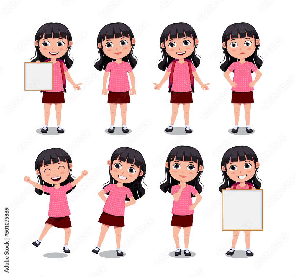 Student girl vector character set. School 3d female students isolated in white background with standing pose and happy facial expression for back to school friendly characters design. Student girl vector character set. School 3d female students isolated in white background with standing pose and happy facial expression for back to school friendly characters design.
