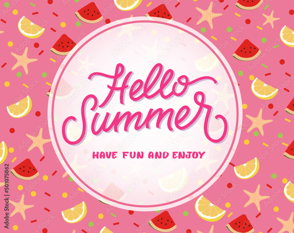 Hello summer vector template design. Hello summer greeting text in white circle space with lemon, watermelon and starfish elements for tropical season holiday messages. Vector illustration.
Hello summer vector template design. Hello summer greeting text in white circle space with lemon, watermelon and starfish elements for tropical season holiday messages. Vector illustration.