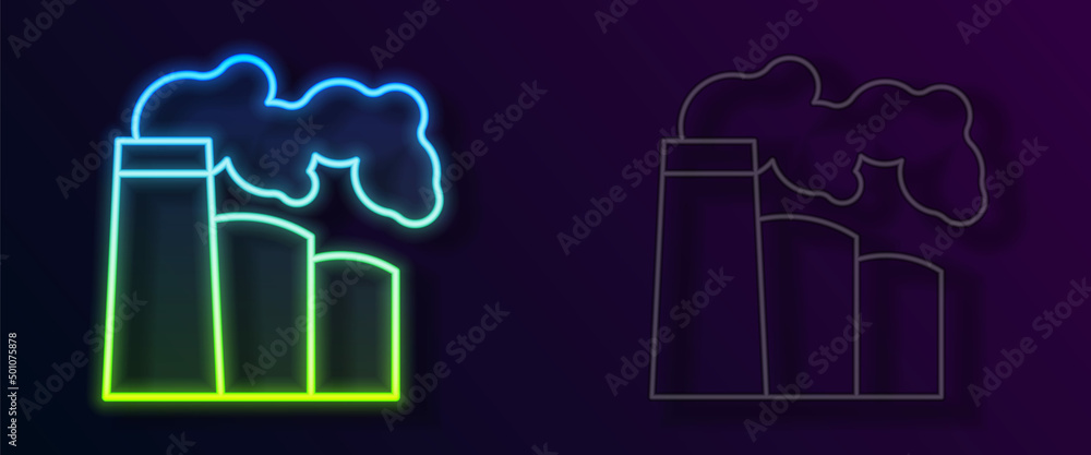 Glowing neon line Oil and gas industrial factory building icon isolated on black background. Vector Glowing neon line Oil and gas industrial factory building icon isolated on black background. Vector