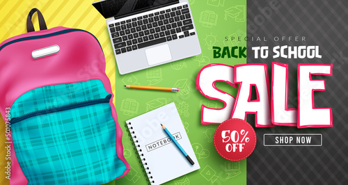 Educational sale vector banner design. Back to school sale text with backpack bag and laptop elements for special offer education shopping promotion advertisement. Vector illustration.
