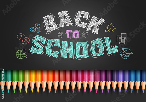 Back to school vector design. Back to school typography text with color pencil art elements in chalkboard background for kids educational creative learning. Vector illustration.
