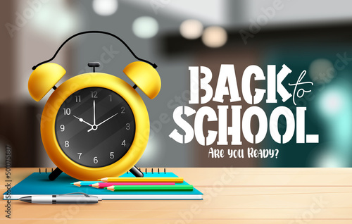 Back to school vector design. Back to school text with alarm clock and notebook elements in wooden desk for educational study learning. Vector illustration.
