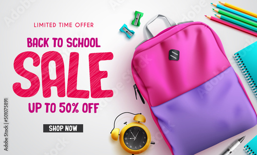 Back to school sale vector banner design. Back to school sale text in limited time offer discount with backpack bag and educational supplies for seasonal items promo clearance. Vector illustration.
