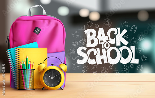 Back to school vector design. Back to school typography text with bag, notebook and color pencil elements in desk and realistic background for educational messages decoration. Vector illustration.
