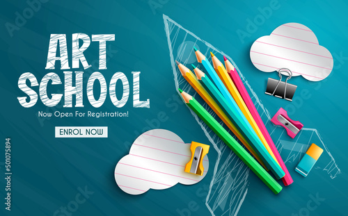 Art education vector background design. Art school text with color pencil and paper cut in rocket drawing chalk board element for creativity learning registration. Vector illustration.
