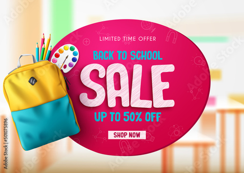 Back to school sale vector banner design. Back to school sale text with educational supplies item in limited time offer discount promo for clearance shopping ads. Vector illustration.

