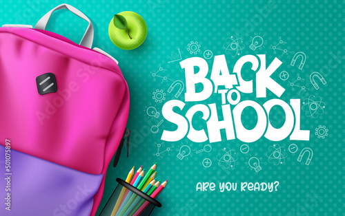 Back to school vector background design. Back to school text with backpack bag and color pencil elements in pattern background for educational study learning messages. Vector illustration.
