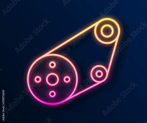 Glowing neon line Timing belt kit icon isolated on black background. Vector