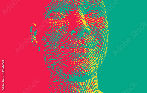 Man laughin. Men being in high spirit. Model of face. People and emotions concept. Voxel art. 3D vector illustration.