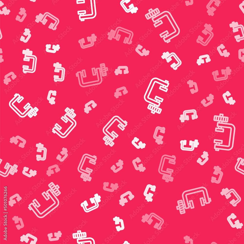 White line Clamp and screw tool icon isolated seamless pattern on red background. Locksmith tool. Vector White line Clamp and screw tool icon isolated seamless pattern on red background. Locksmith tool. Vector