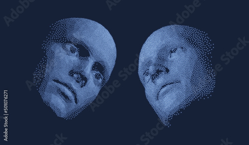 Network forming AI human face. Technology and robotics concept. Anonymous social masking. Dialogue, contact, conversational exchange between two individuals. Cyber security vector illustration.