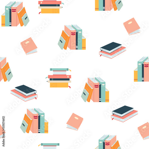 Seamless pattern with books in cartoon flat style. Vector illustration of colorful dictionary, encyclopedias, planner on white background