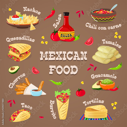 Set of Mexican food icons. Cartoon illustrations of traditional Mexican food such as burrito, quesadillas, nachos, churros etc. Vector 10 EPS.