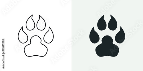 Outline and Filled Beast Footprint Icons. Wolf paw print silhouette. Vector stock image