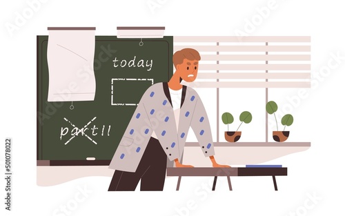 Angry school teacher during lesson in classroom. Irritated dissatisfied professor in class. Mad educator in negative emotions, rage, anger. Flat vector illustration isolated on white background