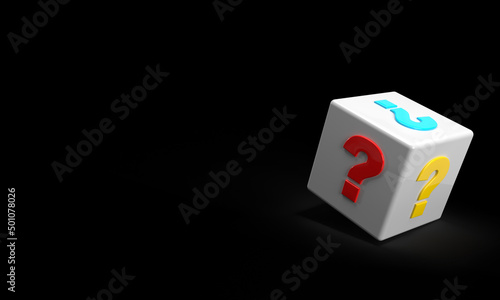 Colorful dice of your choice, bulb idea, exclamation point or question mark