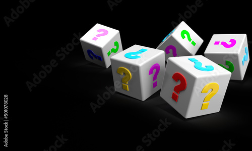 Scattered colorful dice of your choice, bulb idea, exclamation point or question mark