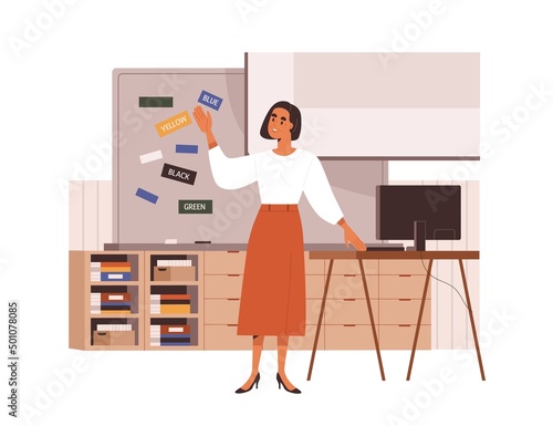 School teacher teaching, standing at blackboard in classroom. Smiling woman educator conducting lesson, lecture in class, explaining information. Flat vector illustration isolated on white background