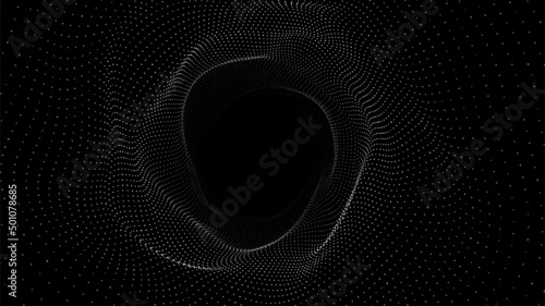 Abstract dynamic wireframe tunnel on black background. Deep wavy wormhole. Futuristic particle flow. Vector illustration.