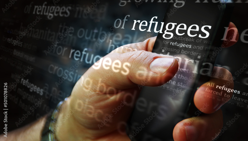 News titles on screen in hand with Refugees 3d illustration News titles on screen in hand with Refugees 3d illustration