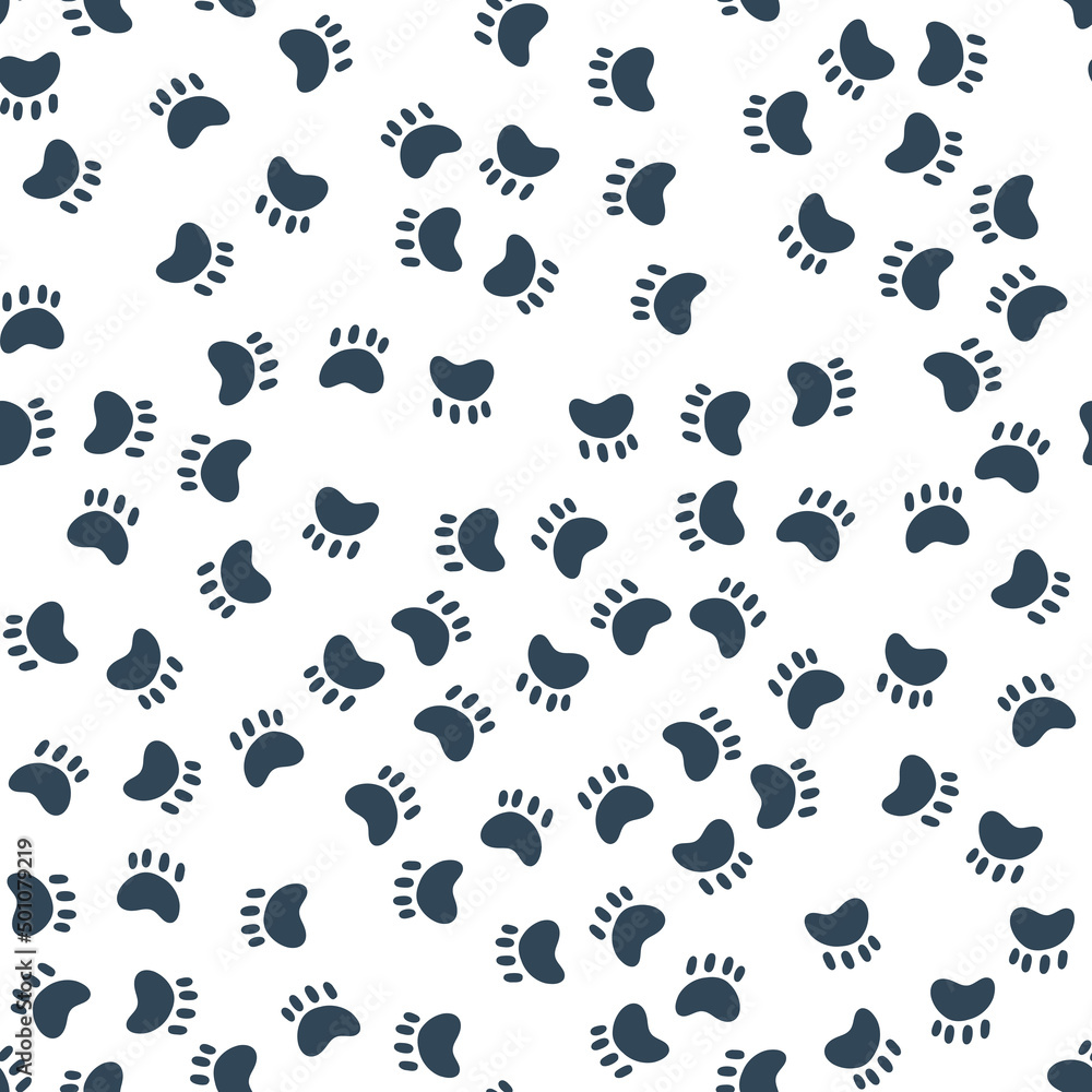 Seamless Pattern with dog or cat paw. Vector illustration of blue kitten puppy trace on white background Seamless Pattern with dog or cat paw. Vector illustration of blue kitten puppy trace on white background