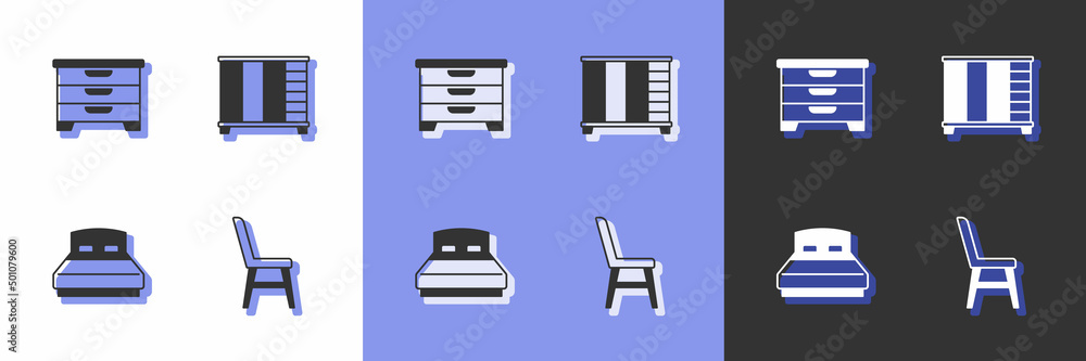 Set Chair, Chest of drawers, Big bed and Wardrobe icon. Vector Set Chair, Chest of drawers, Big bed and Wardrobe icon. Vector