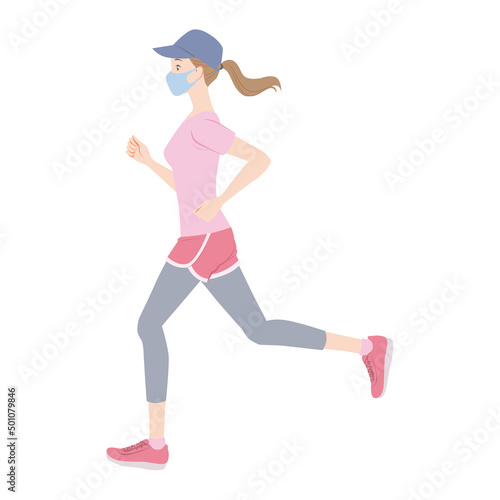 マスクをしてジョギング／ランニングをする女性