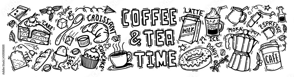 cute doodle cartoon coffee shop icons. vector outline hand drawn for coffee and bakery for cafe menu, including supply item and equipment isolated on white background. drawing style - obrazy, fototapety, plakaty 