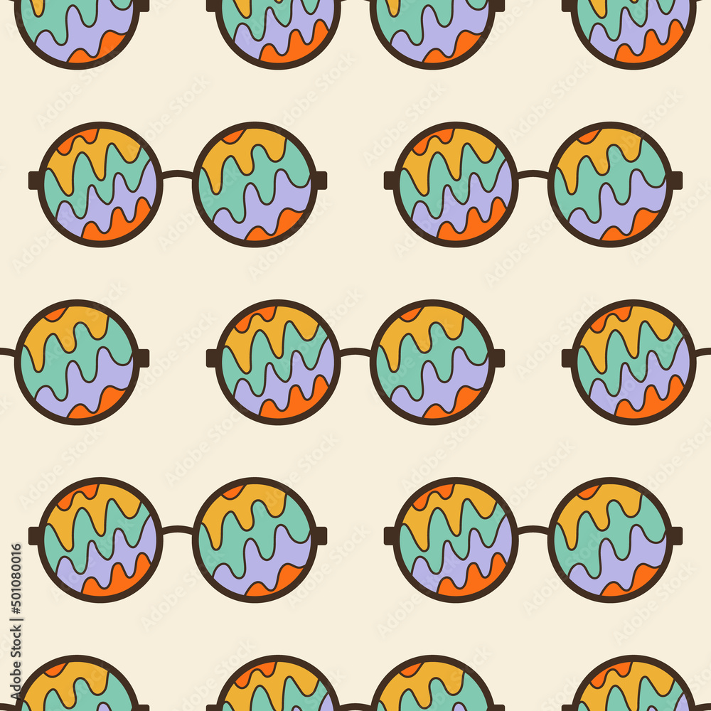 Seamless vector pattern with groovy sunglasses. 60s, 70s, 80s vibes disco background. Retro psychedelic glasses texture for design and print