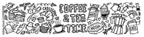 cute doodle cartoon coffee shop icons. vector outline hand drawn for coffee and bakery for cafe menu, including supply item and equipment isolated on white background. drawing style