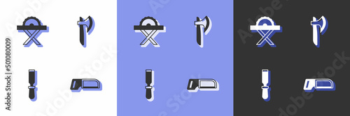 Set Hacksaw, Electric circular, Chisel tool and Wooden axe icon. Vector