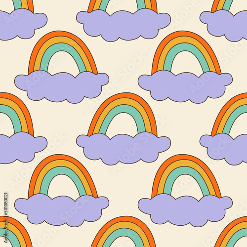 Seamless vector pattern with abstract rainbow and cloud in groovy style. 70s, 80s, 90s vibes funky background. Vintage nostalgia texture with psychedelic symbol for design and print