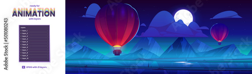 Hot air balloons flying in night sky cartoon background with separated 2d layers ready for game animation. Mountains valley with pond and field, scenery nature landscape, Parallax effect vector scene