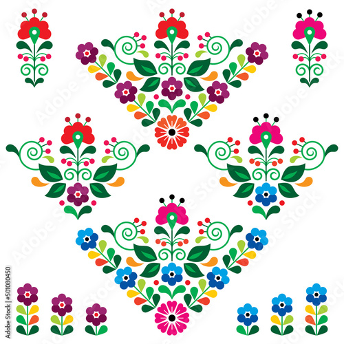 Mexican floral vector pattern collection, traditional design elelements with flowers and leaves
 