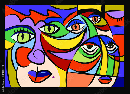 Colorful abstract background, cubism art style, crowd of people