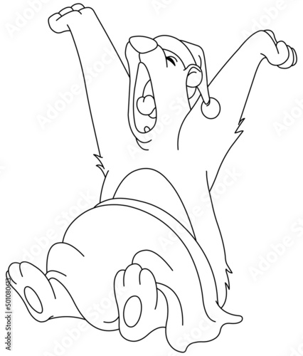 Outlined bear waking up from hibernation yawning and stretching. Vector line art illustration coloring page.