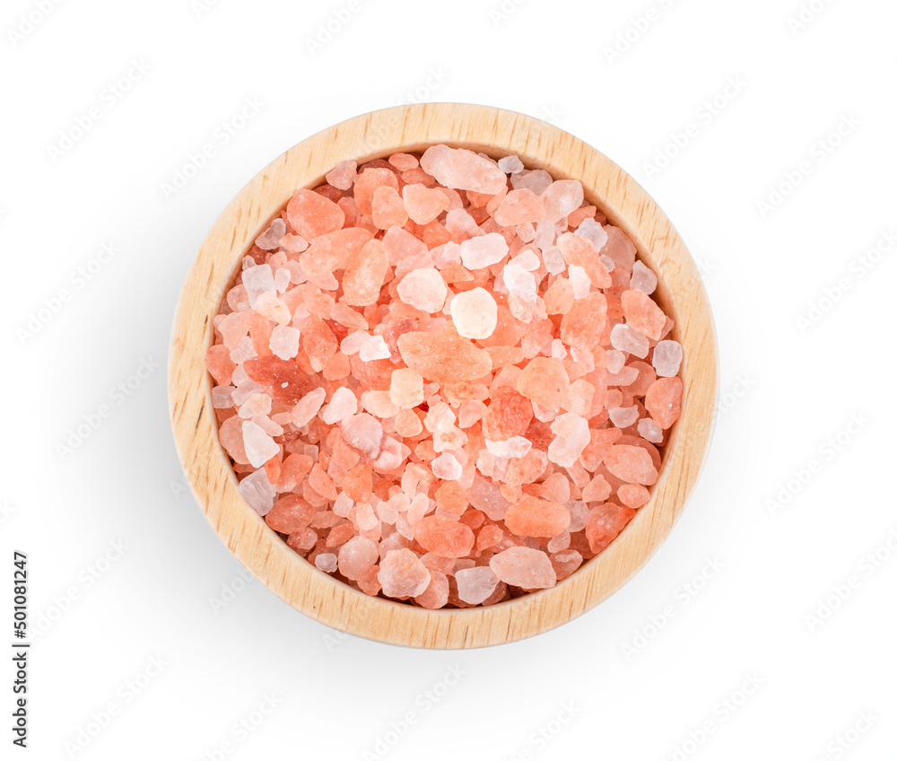 Himalayan pink salt in a wooden bowl isolated on white background. Himalayan pink salt in a wooden bowl isolated on white background.