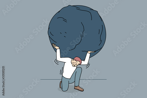 Stressed man carry heavy stone on shoulder overwhelmed with problem or task. Unhappy person hold rock or boulder suffer with overwork and responsibility. Burden concept. Vector illustration. 