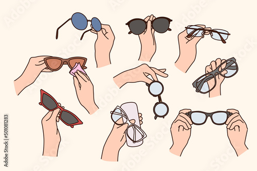 Collection of people holding various glasses for eyesight correction. Set of person hands with spectacles. Eyewear and opticians advertising. Flat vector illustration. 