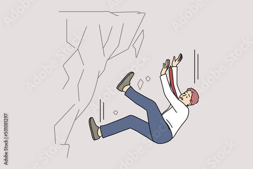 Stressed businessman fall down from rock suffer from work failure or crisis. Unhappy male employee have professional or job fiasco struggle breakdown. Flat vector illustration. 